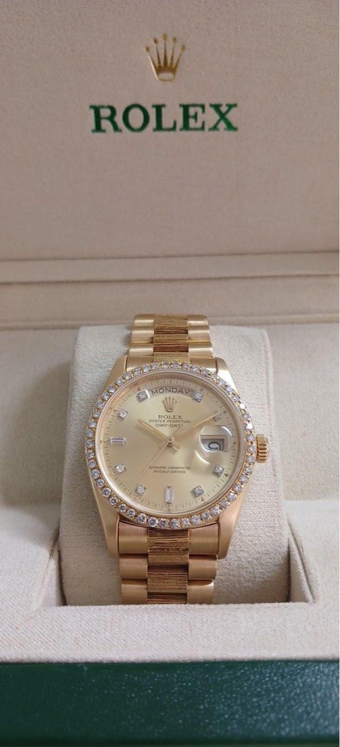 Rolex president solid 18k gold and diamond (Category: Luxury Watches) located in Cabanatuan. Submitted by albertgonzales27 (Listing ID 1271228896, Image 3). Description: Mens Rolex President 36mm(Bark finish) Modified bezel With box only(no paper).