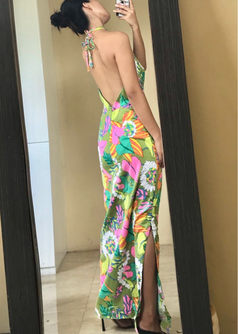 Sequin- Tailored Like Floral Print Open Back/ Halter Maxi/ Long Dress W ...