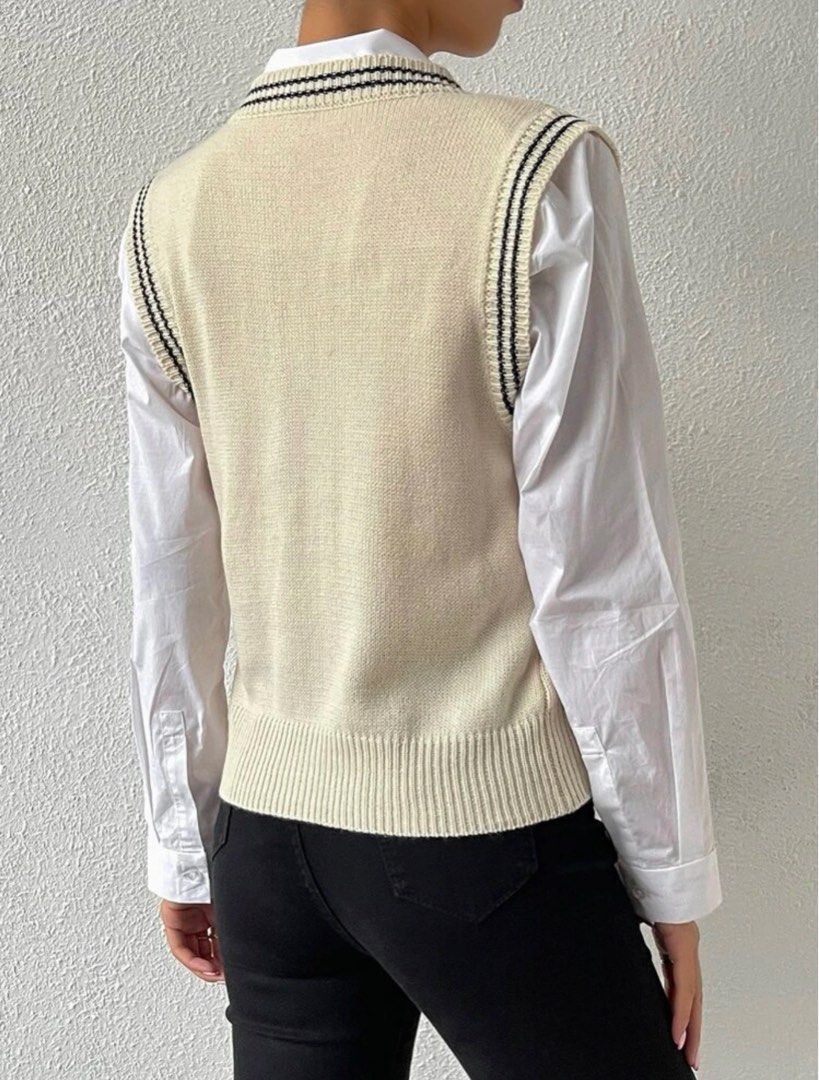 KOREAN KNIT SWEATER VEST (Category: Others Tops) located in Leyte. Submitted by dey_shell (Listing ID 1271431320, Image 2). Description: Bought from Shein for ₱546. Condition: never worn but tag was already removed RFS: not my style Sizes (according to Shein size chart): •Shoulder - 35cm •Length - 53cm •Bust - 94cm.