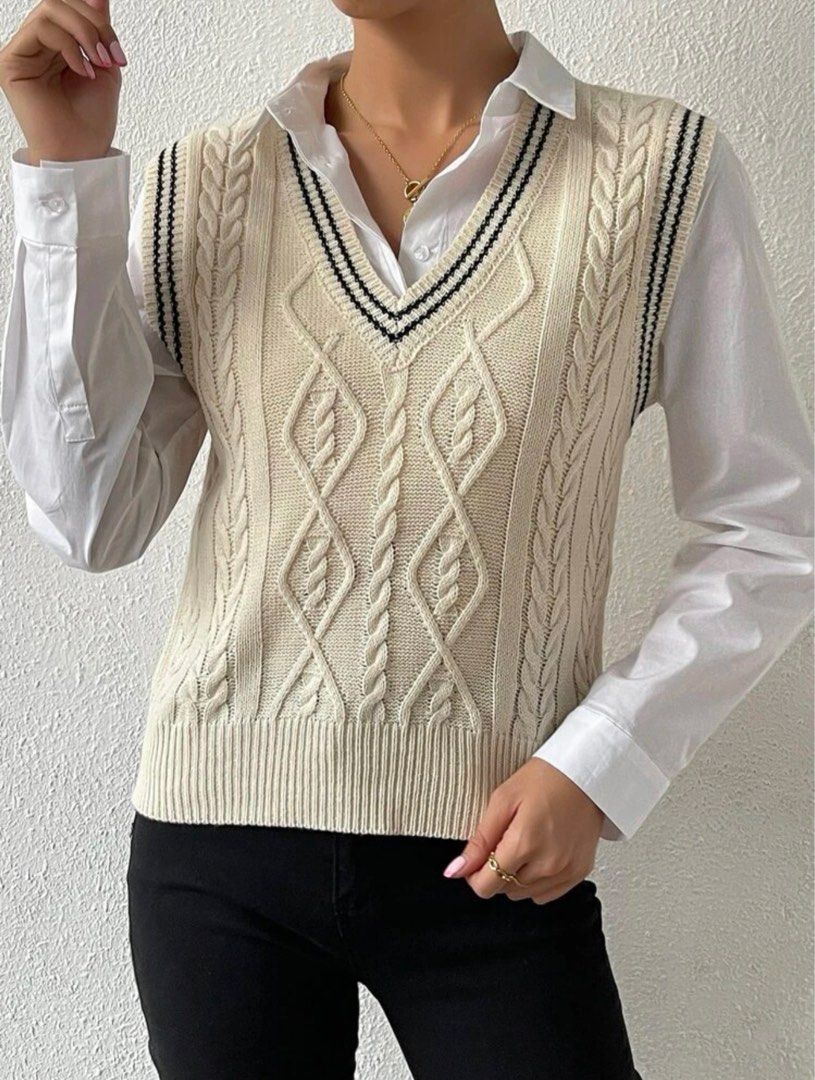 KOREAN KNIT SWEATER VEST (Category: Others Tops) located in Leyte. Submitted by dey_shell (Listing ID 1271431320, Image 3). Description: Bought from Shein for ₱546. Condition: never worn but tag was already removed RFS: not my style Sizes (according to Shein size chart): •Shoulder - 35cm •Length - 53cm •Bust - 94cm.