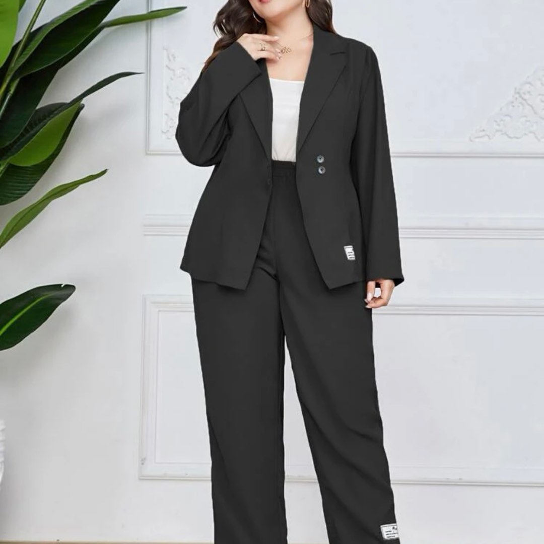 Shein Plus Size Black Blazer Business Suit Pants Set, Women's