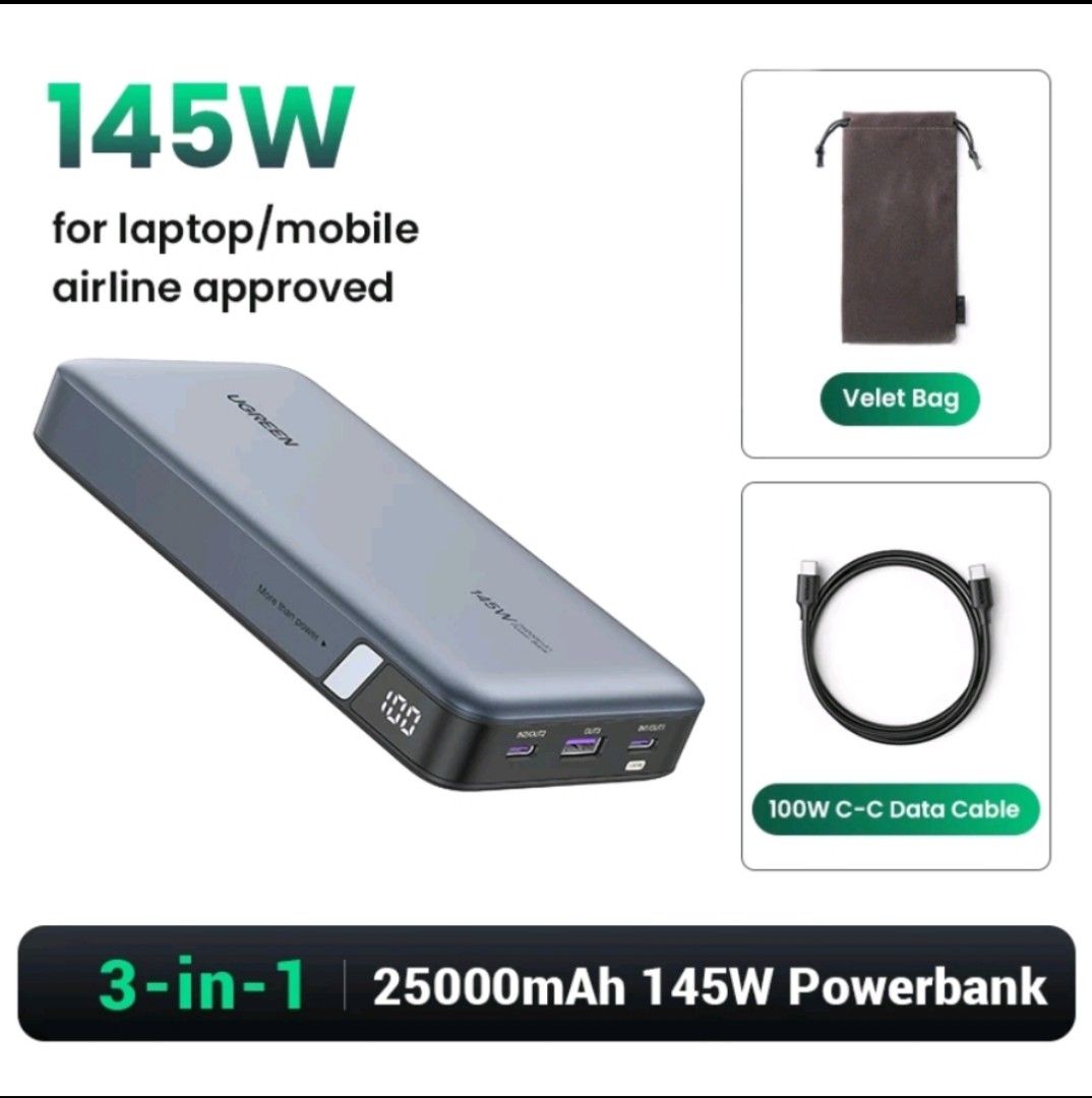 UGreen 145 W laptop powerbank (Category: Batteries & Power Banks) located in Manila. Submitted by aldrin_jeth (Listing ID 1271305566, Image 1). Description: sealed 145 W power 25,000 mAh capacity Can be used to charge ultra books Malolos Bulacan location available for lalamove/LBC.