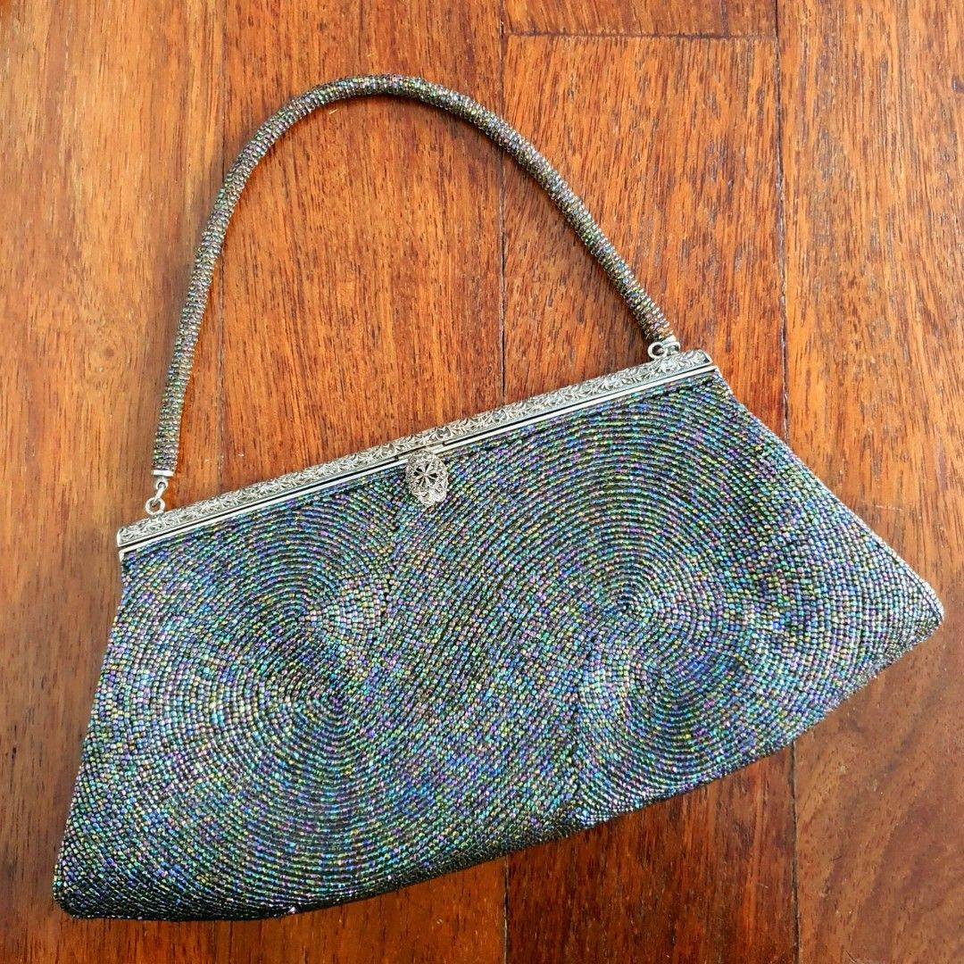 Vintage Beaded and Embroidered Dark Green Purse - Iridescent Glass - Ruby  Lane
