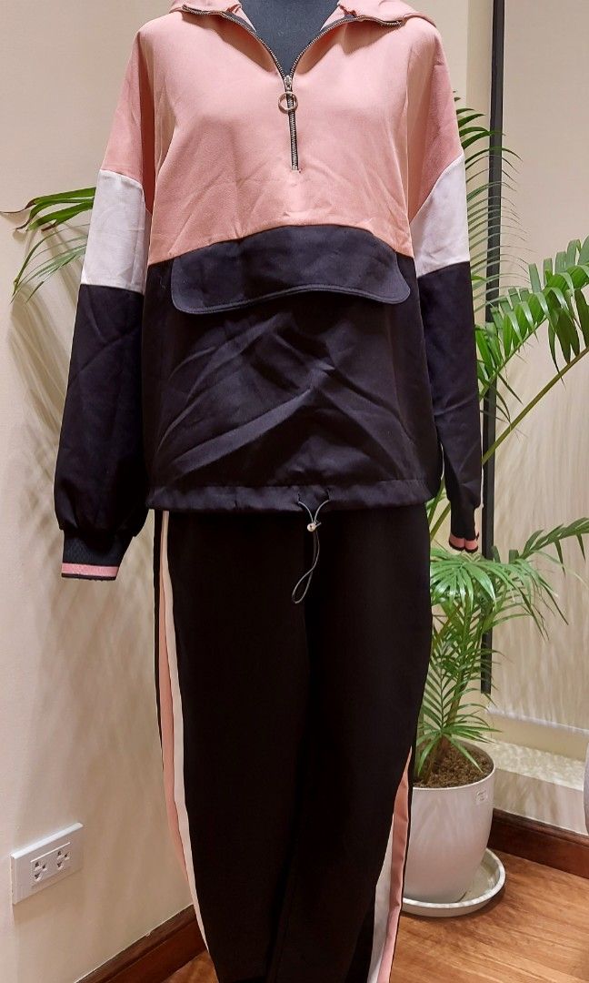 2 PIECE ZARA BASIC JOGGER AND QUARTER ZIP TRACKSUIT BLACK PINK WHITE Size US Medium