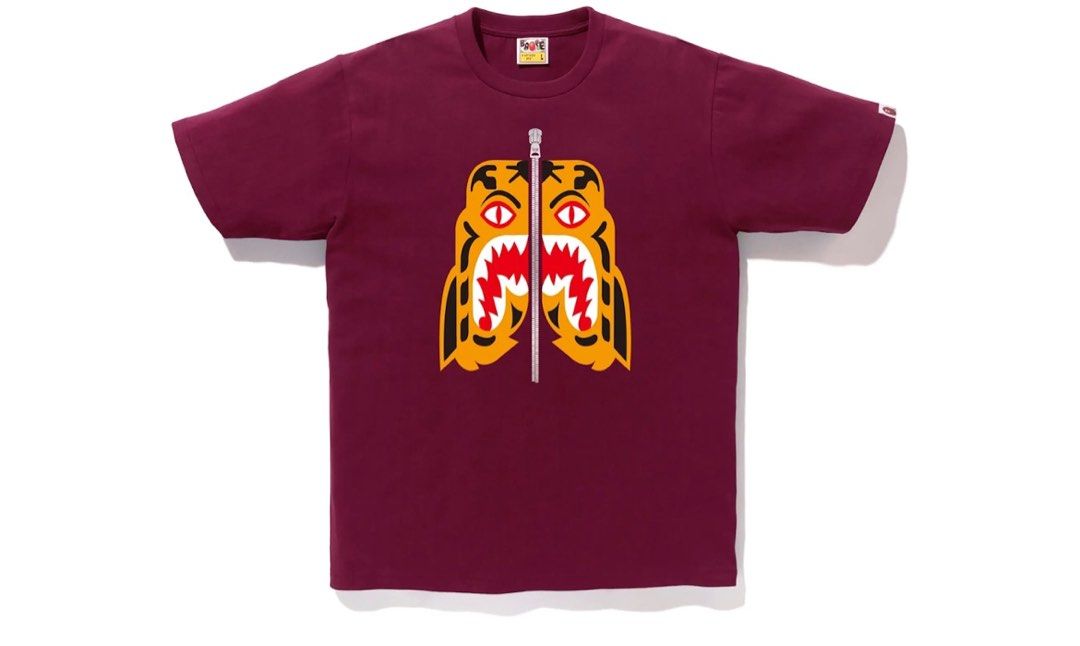 Bape Tiger Shark T Shirt Burgundy Men s Fashion Tops Sets Tshirts Polo Shirts on Carousell