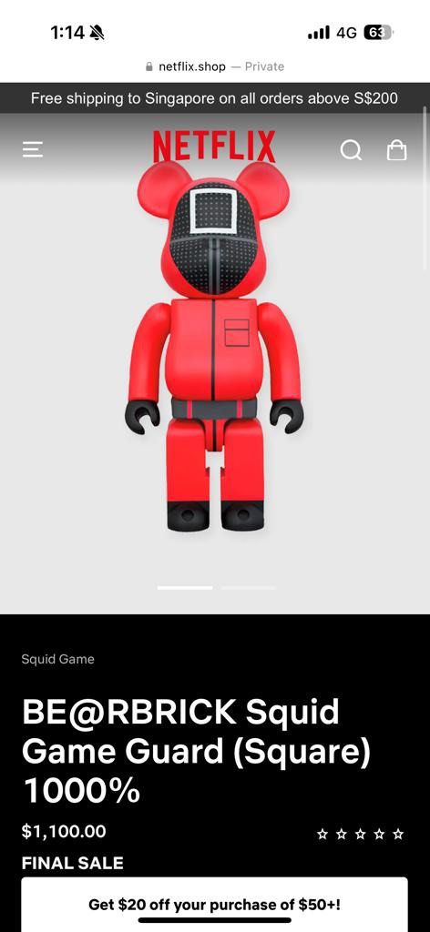 Bearbrick 1000% squid game square, Hobbies & Toys, Toys & Games on
