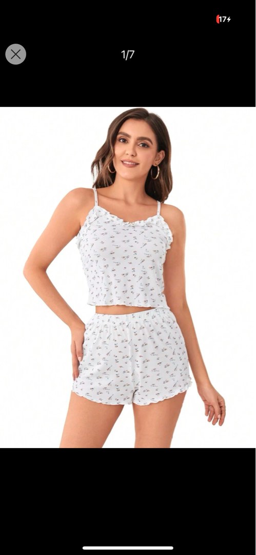 Pink Ditsy Floral Print Rib Cami And Shorts PJ Set