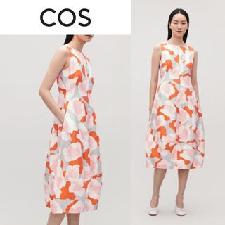 cos dress COS Midi A-line Dress - Cos Printed Cocoon Dress In Orange / Pink / Grey - COS Abstract print dress Waist: 28-29”
