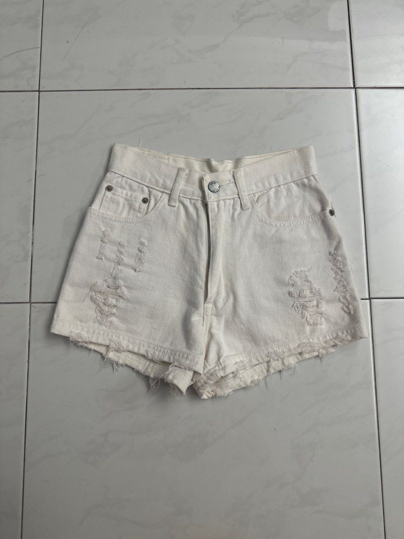 Distressed White Denim Shorts with Ripped Details