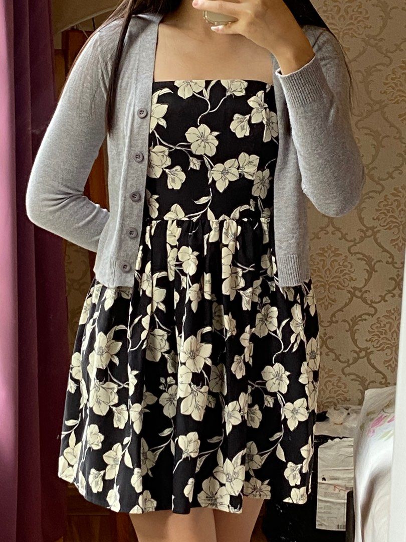 Forever 21 strapless black floral dress with grey cardigan
