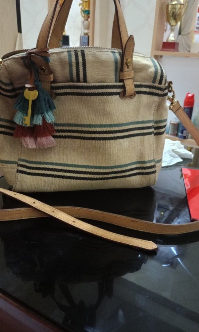 Fossil Rachel satchel blue stripe Fesyen Wanita Tas Dompet di