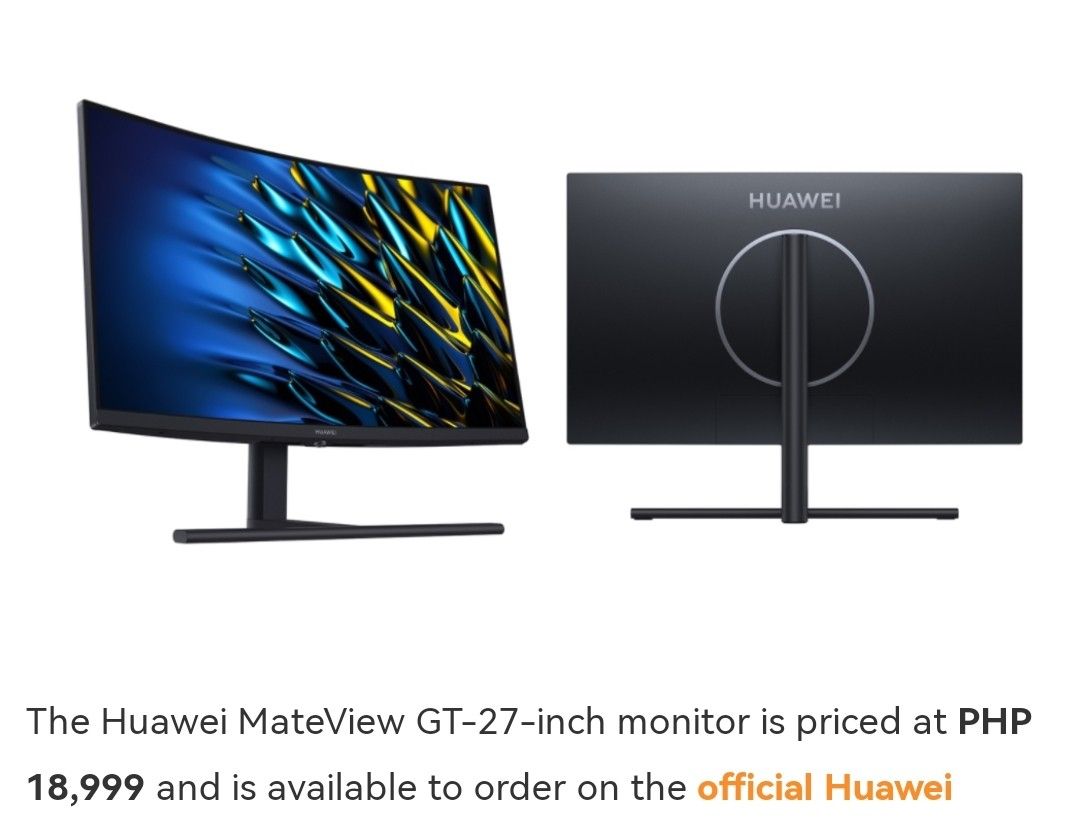 Huawei Mateview GT (Category: Monitor Screens) located in Pasig City. Submitted by horizonx87 (Listing ID 1192590384, Image 1). Description: For Sale Huawei Mateview GT Model /:XWU-CBA Color :Black Screen Size :Taille de I'ecran:27 Maximum Resolution/ Resolution Maximale 2560×1440.