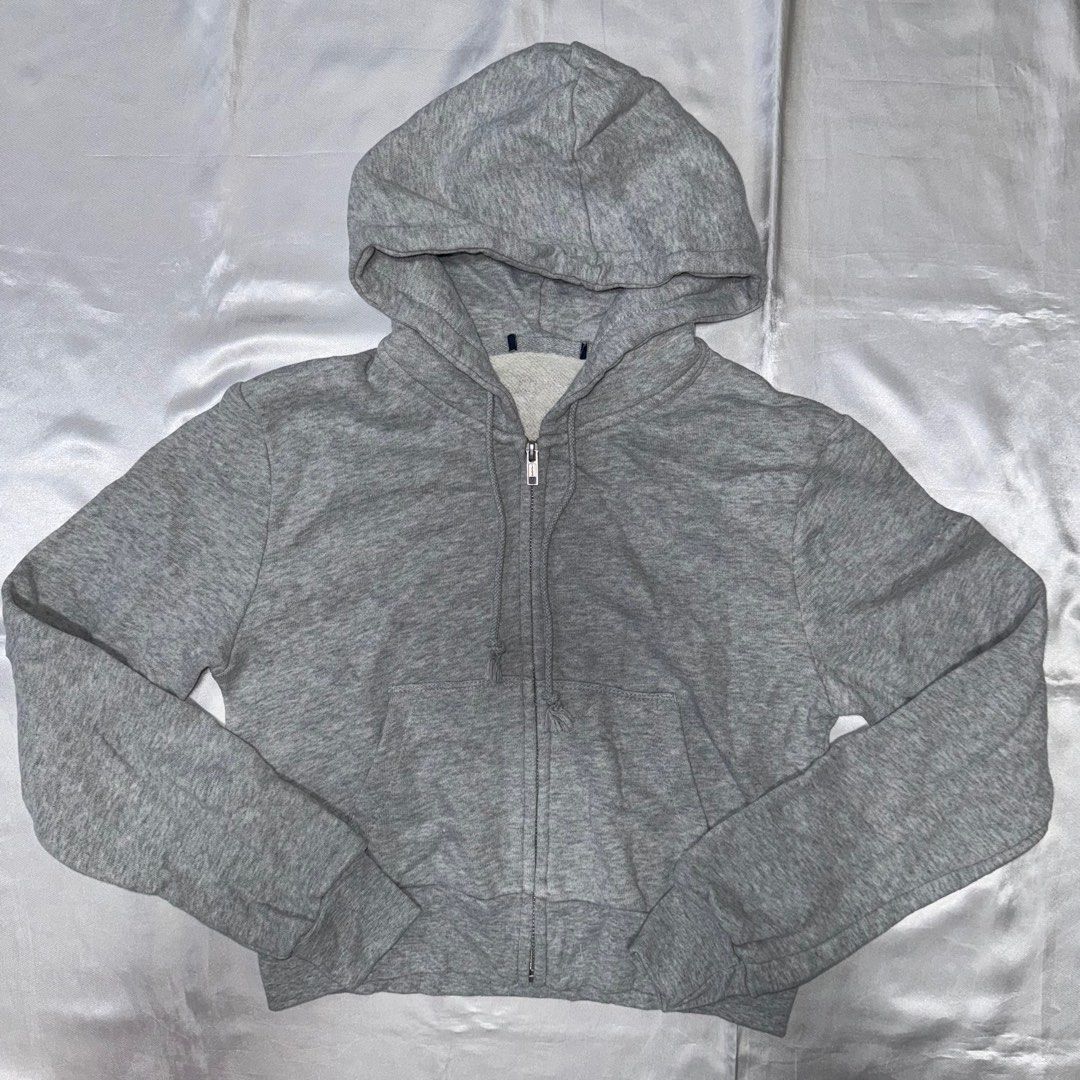Brandy Melville Black Gray Crystal Crop Stripe Zip Hoodie Jacket
