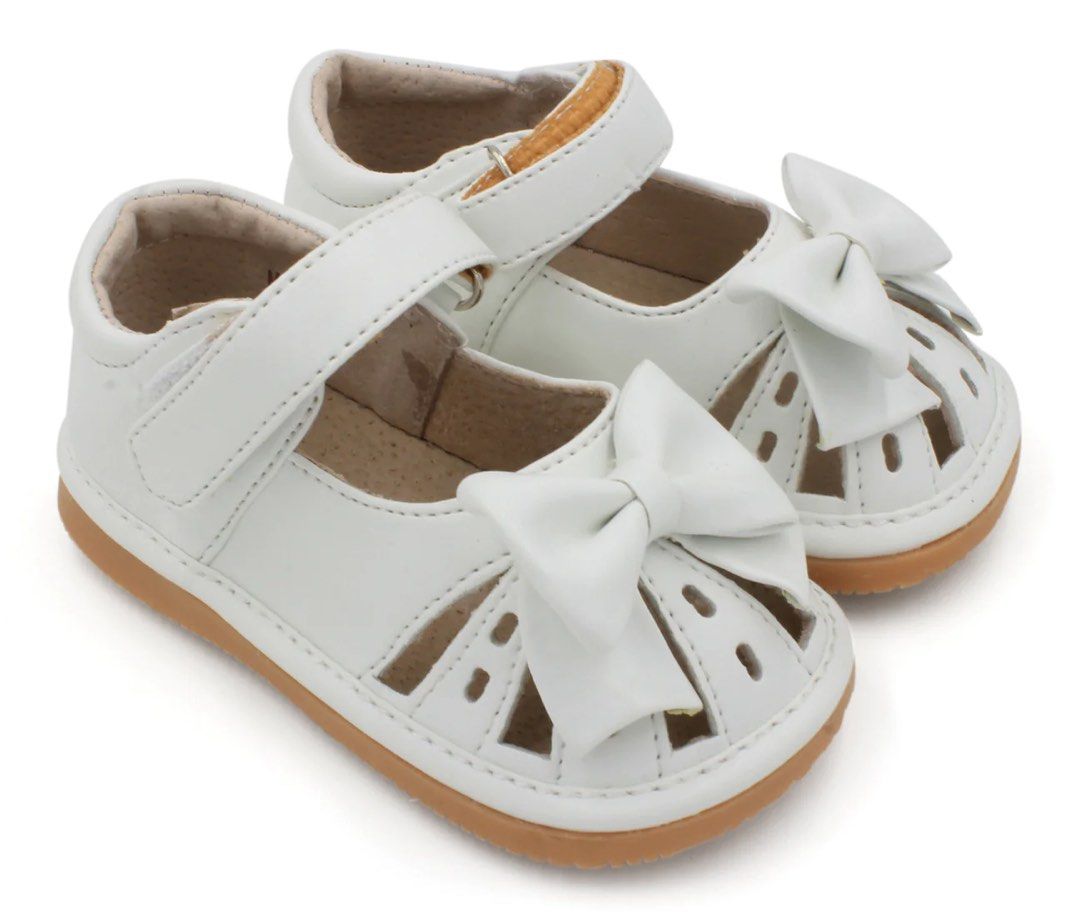 Little Mae s Boutique White Bow Girl Squeaky Sandals Babies