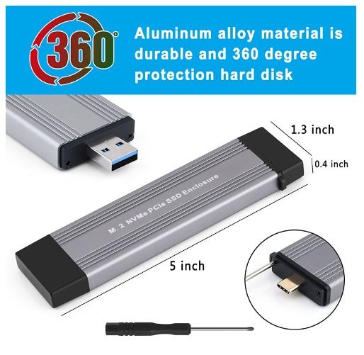 M.2 NVME SSD Case External Enclosure USB3.1 (Category: Hard Disks & Thumbdrives) located in Pasay City. Submitted by compublitz (Listing ID 1271529978, Image 3). Description: M.2 NVME SSD Case External Enclosure USB3.1 Description: Support USB3.1 Type-A + USB3.2 Gen2 Type-C 10Gbps Model. Support NVME PCIe M key/M+B Key SSD. Feature: 1. M.2 NVME to USB 3.1 hard drive enclosure. 2. Support NVME protocol, suitable for M2 (M/M+B Key) SSD. 3. Support 