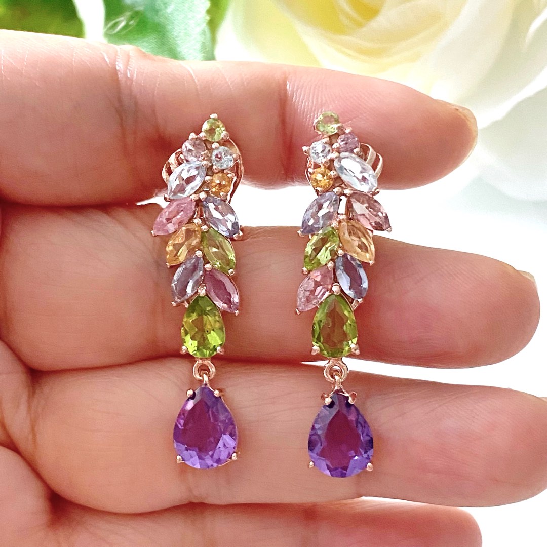 Multicolour real natural gemstone dangling earrings