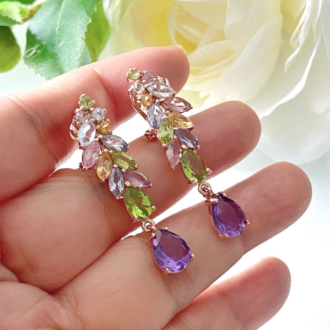 Multicolour real natural gemstone dangling earrings