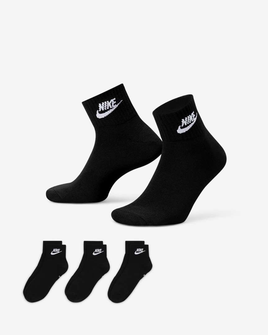 Nike Everyday Essential Ankle Socks 3 Pack Black, Men's Fashion