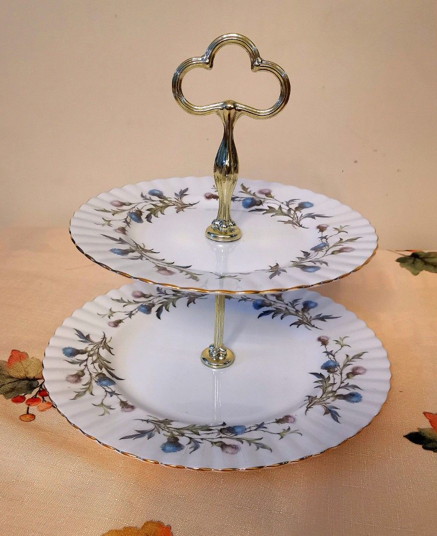 Ra Brigadoon 2 tier large dessert stand (Category: Coffee & Tea Tableware) located in Pasig City. Submitted by singledadreseller (Listing ID 1271599953, Image 3). Description: Royal Albert Brigadoon Dessert stand Salad plate +dinner plate php3000 only very good condition.