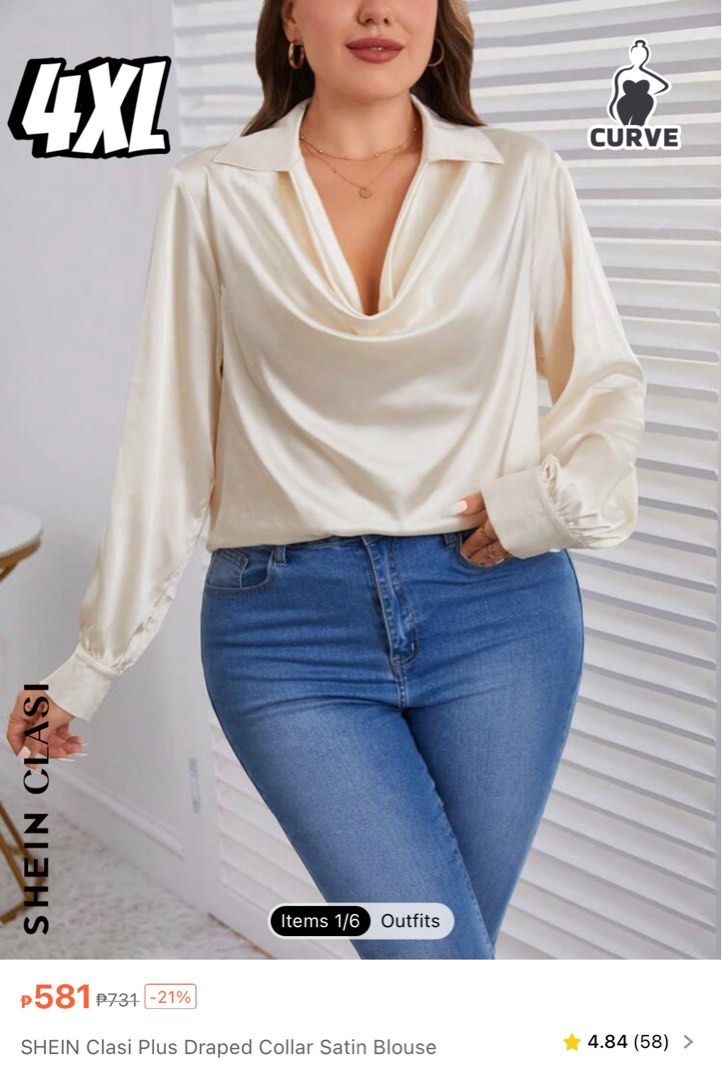 Shein Curve Plus size Dirty White Glossy Silk type Draped collar Blouse/Top/ Shirt, Women's Fashion, Tops, Longsleeves on Carousell