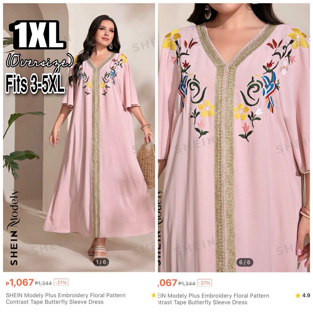 Shein Curve Plus size Pink Blush Embroidered Floral Butterfly Sleeves Long  Maxi Dress, Women's Fashion, Dresses & Sets, Dresses on Carousell