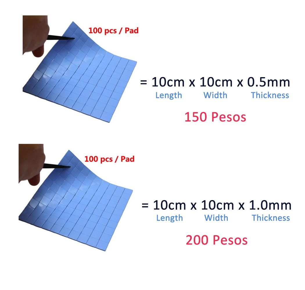 Thermal Pad Cooling Pad (Category: Other Accessories) located in Pasay City. Submitted by compublitz (Listing ID 1271530785, Image 2). Description: Thermal Pad Cooling Pad Heatsink Silicone Thermal Conductive Pad Sizes and Price: 10x10x0.5mm - 150 Pesos 10x10x1.0mm - 200 Pesos Location: Malibay, Pasay Contact: 09761231293 Specifications: High thermal conductivity rate. Good quality and easy to use. Type: Thermal Pad Material: Silicone Thermal Con