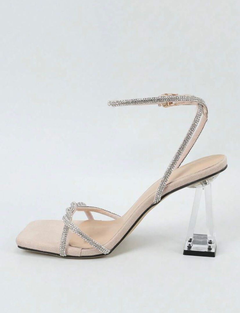 Women Rhinestone Decor Clear Sculptural Heeled Ankle Strap Sandals