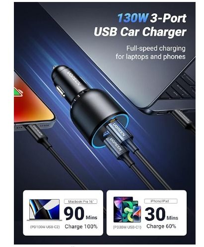 120W USB C Car Charger 4 Ports Cigarette Lighter USB Car Charger Adapter [2  PD 60W+2 QC3.0 30W] Fast Charging for iPhone 14 Pro Max Galaxy S23/22  Google Pixel LG iPad Air 