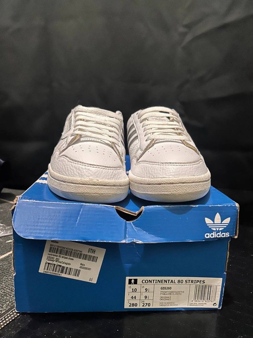 Adidas Continental 80 Stripes US9 Womens (Category: Sneakers) located in Las Pinas. Submitted by drummerjazz (Listing ID 1271692355, Image 3). Description: Adidas Continental 80 Sneakers RFS: Wrong Size need to get one size up Note: The box in the photo is not its box. I just used the size 10 mens box for capturing the photo Used once to try the fitting but the size is small for my feet and its uncomfortable. So I have to get one size bigger. lal