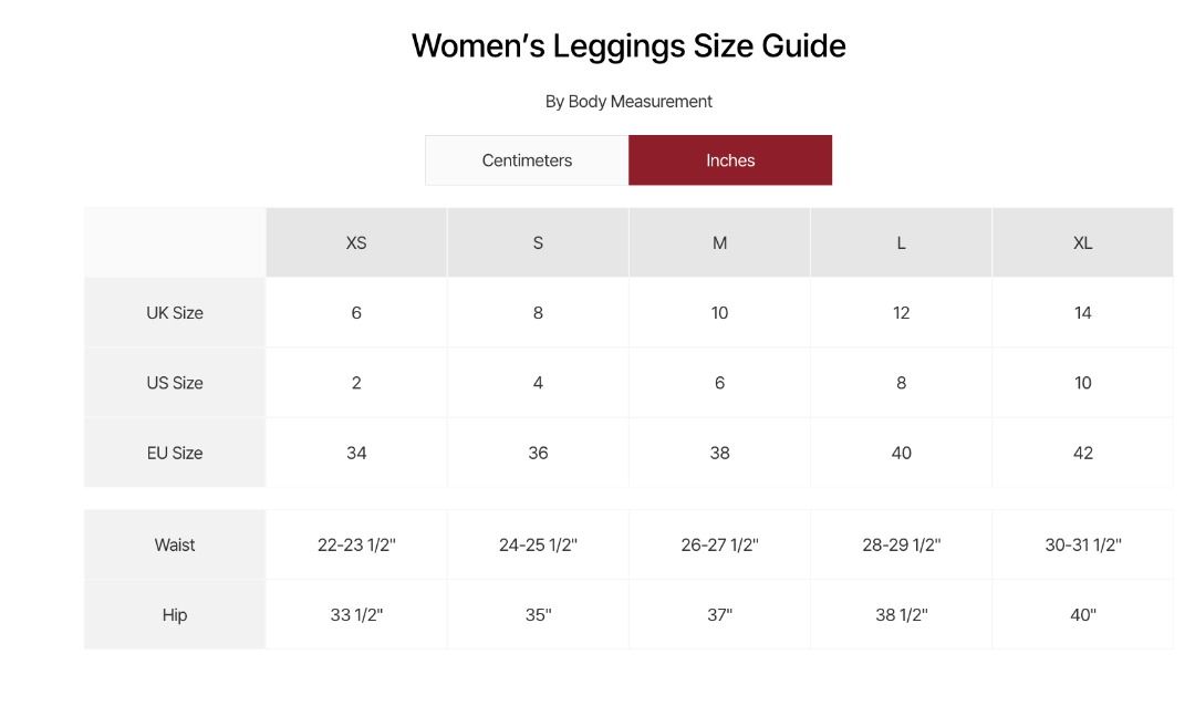 Genie leggings size chart 2025