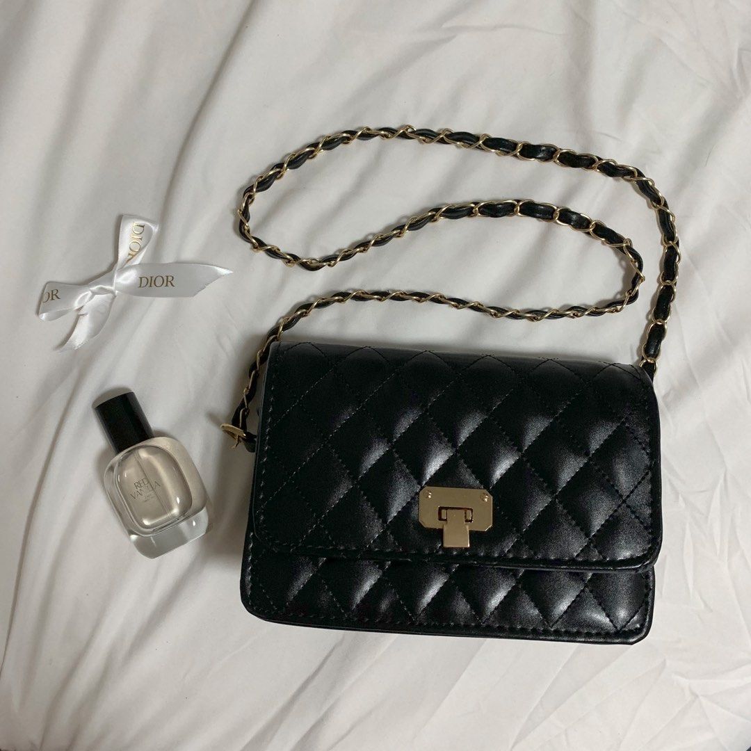 Black Quilted Chain Sling Bag Women s Fashion Bags Wallets