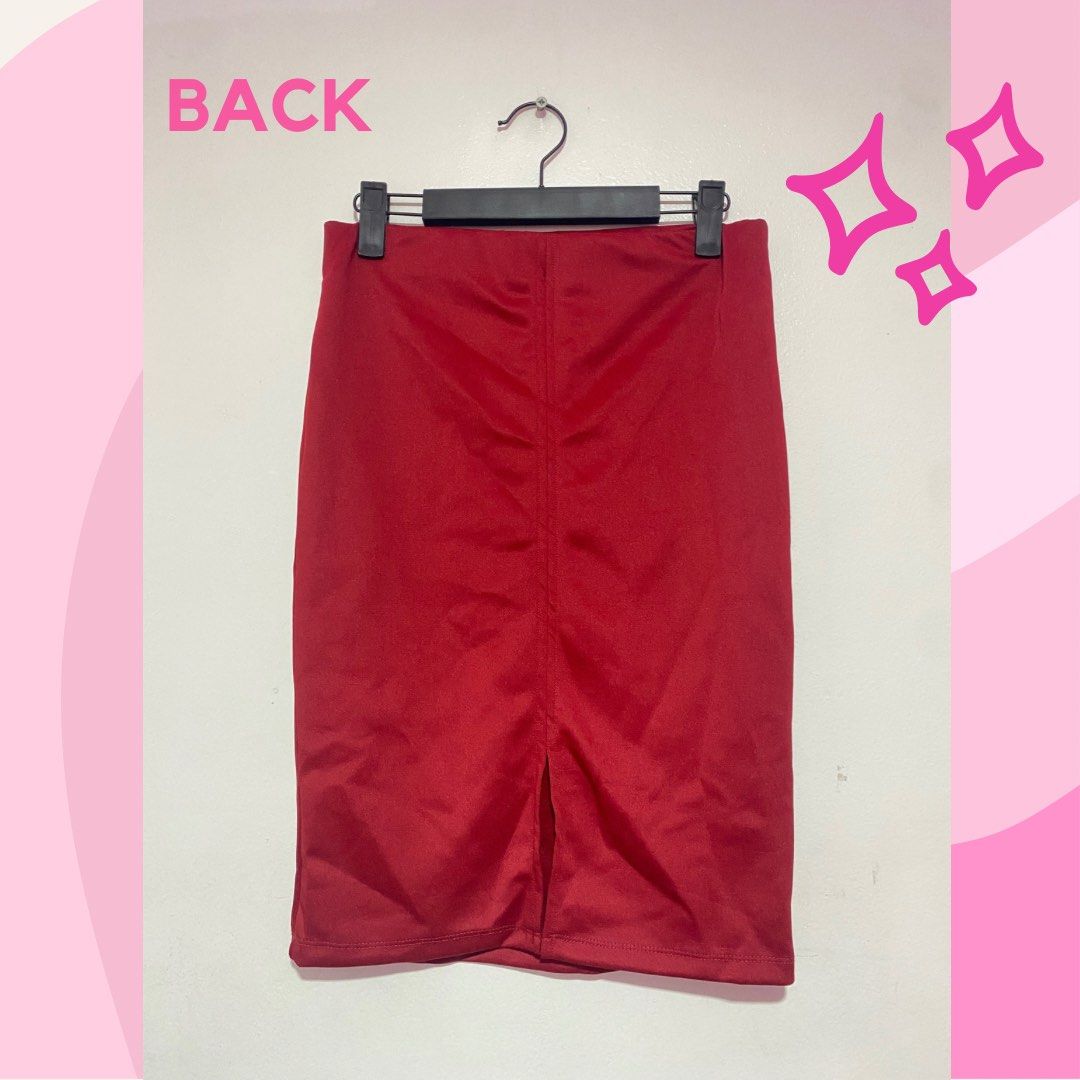 Celeste Red Pencil Skirt with Back Slit (Category: Skirts) located in Quezon City. Submitted by cluelessclutter (Listing ID 1271769611, Image 2). Description: Celeste Red Pencil skirt with Back Slit✨ ⭐️ PERFECT CONDITION (STRETCHABLE) Perfect for kikay OOTDs and preppy vibes! 💖 1. Please manage your expectations. These are PERSONAL preloved items (not from bales) so there might be MINIMAL signs of usage and/or stains. ✨ 2. Actual item color may 