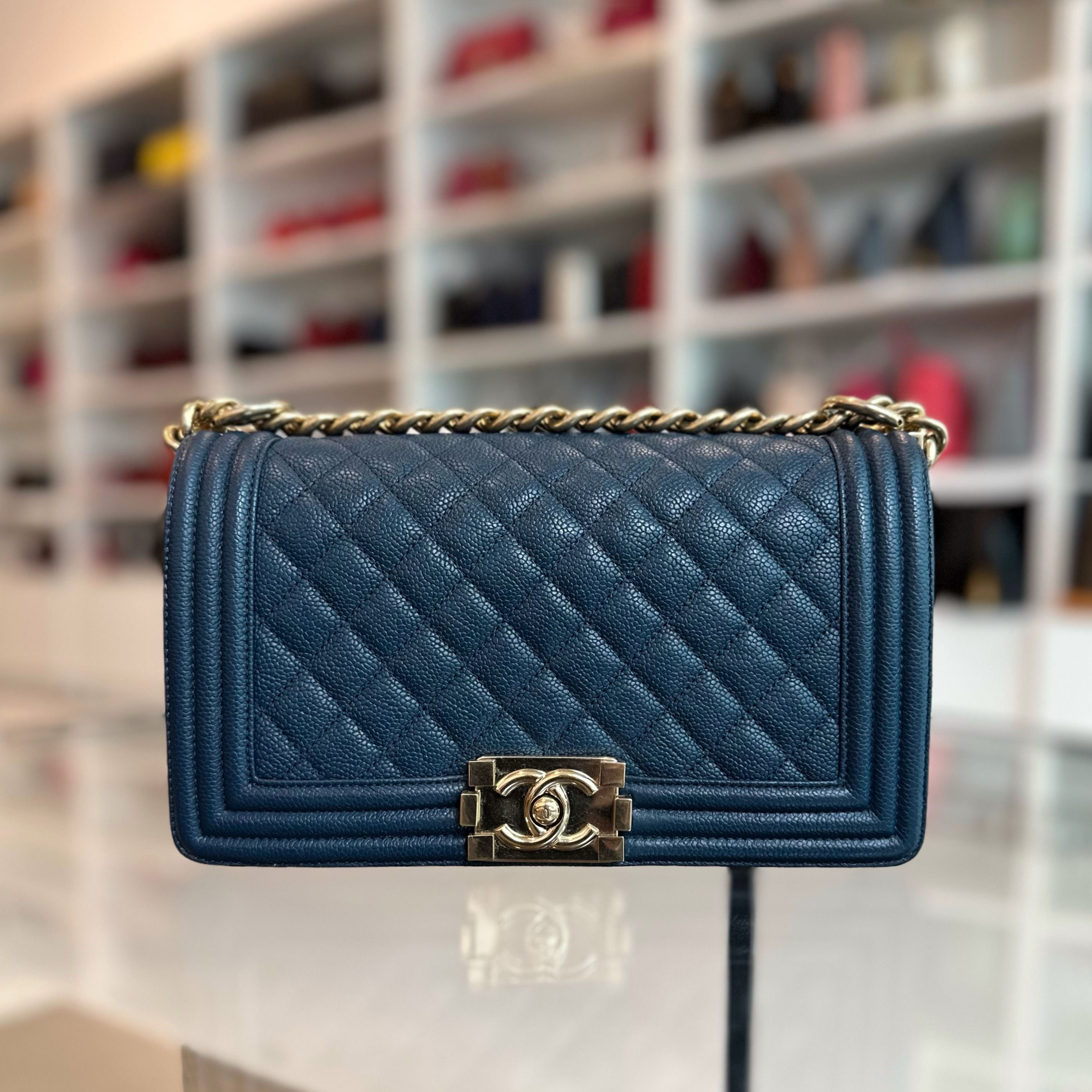 Chanel boy hotsell blue caviar