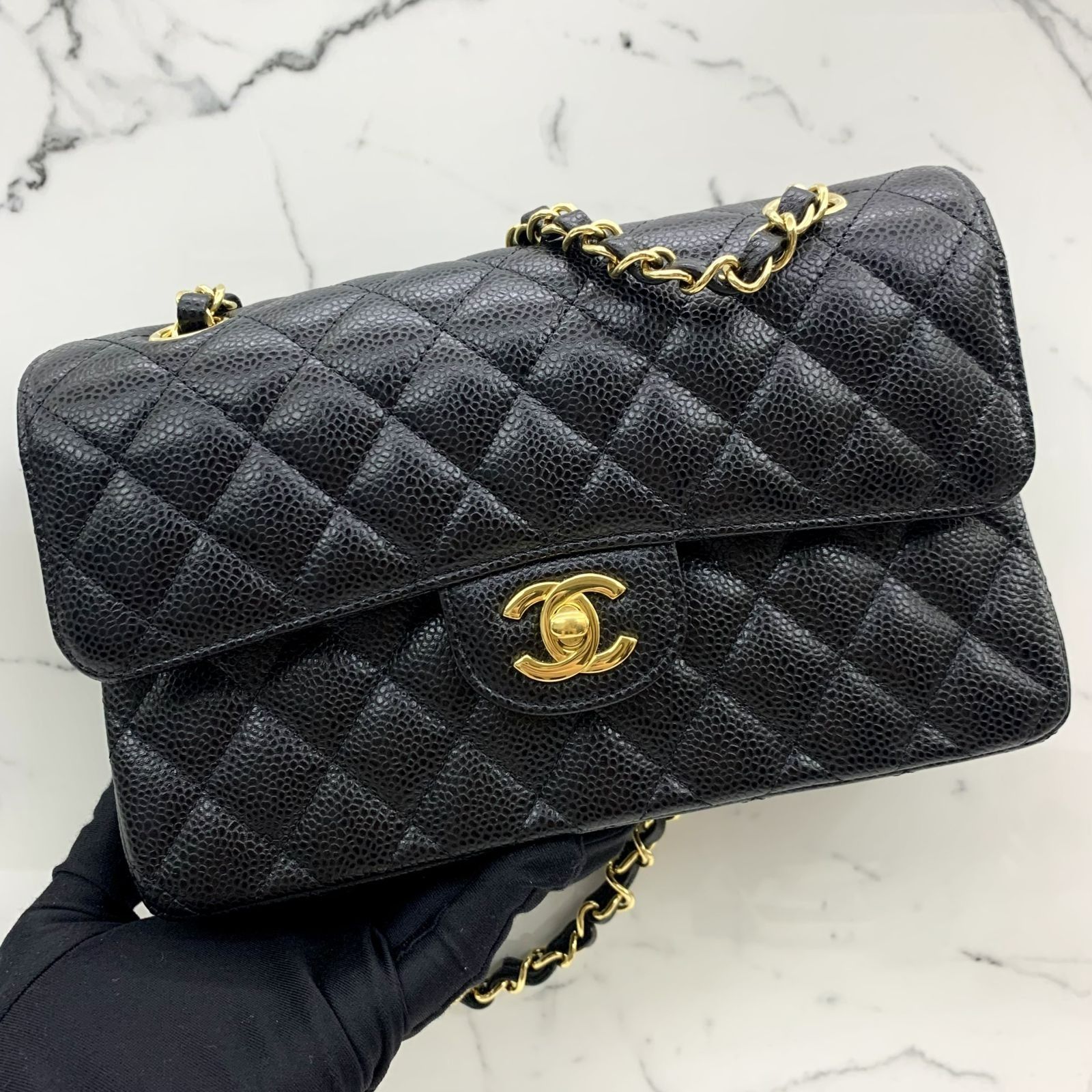 CHANEL CAVIAR SKIN BLACK MATELASSE SMALL CLASSIC FLAP GHW MICROCHIP SHOULDER BAG 237041124 KM