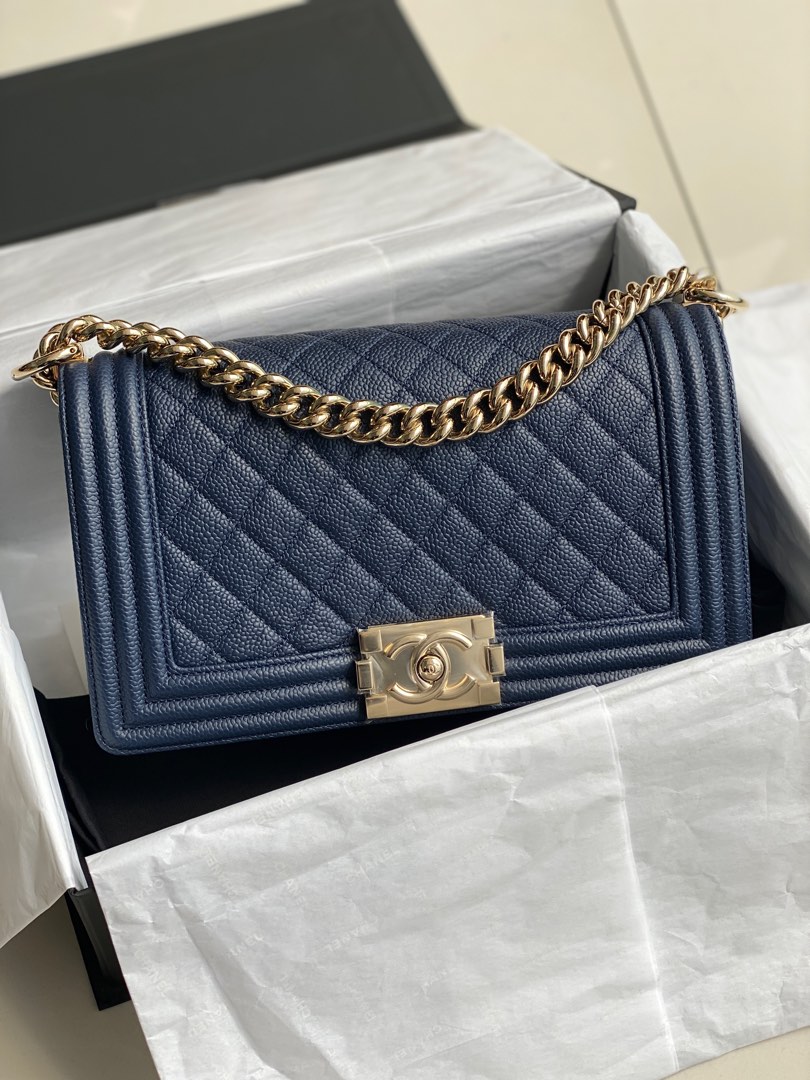 Chanel boy store navy blue caviar