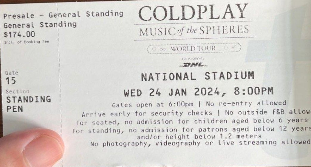 Coldplay Singapore Tour 24 Jan 2025 National Stadium Standing Ticket