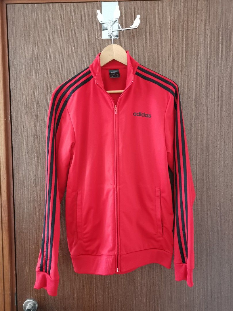 Red adidas jacket with online black stripes