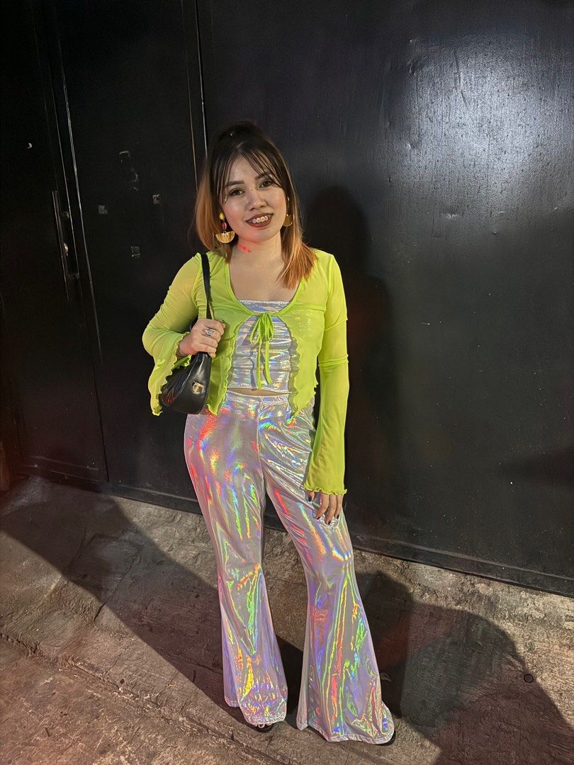 Retro Holographic Neon Flare Pants and Tube Top