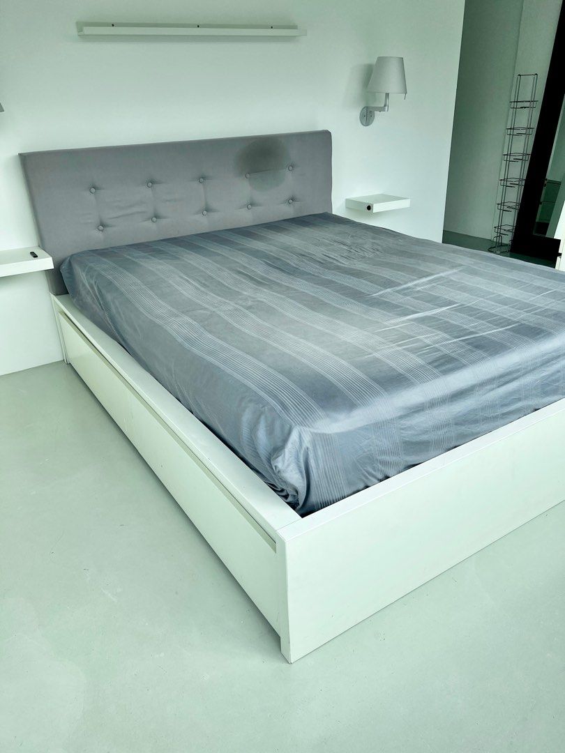 IKEA Malm Queen Storage Bed with custom upholstered headboard