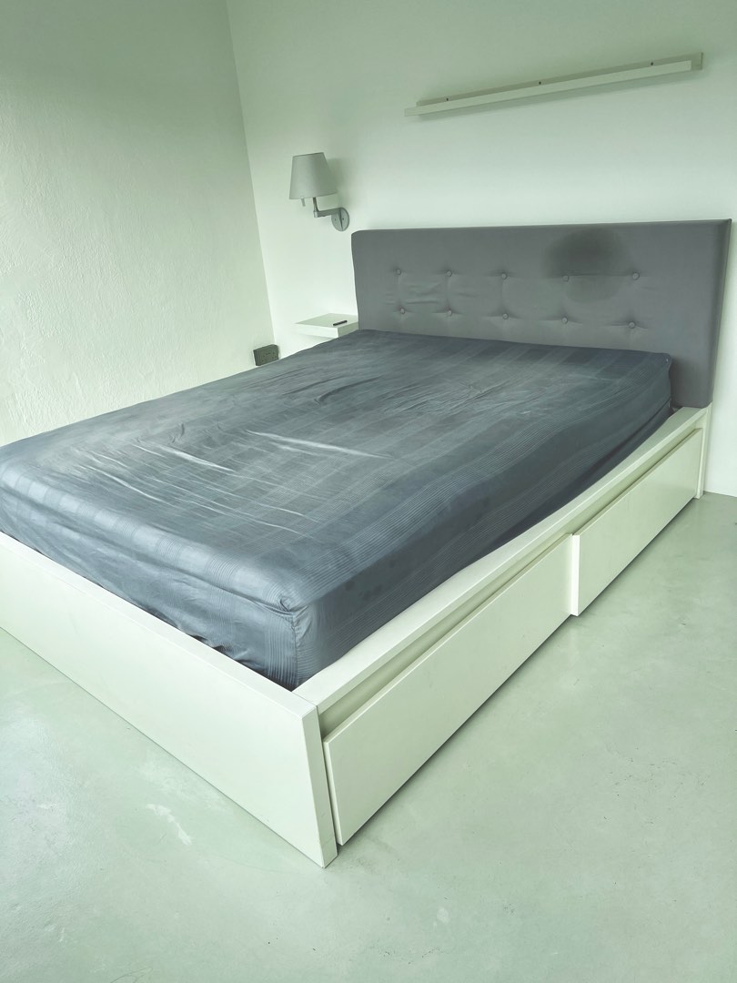 IKEA Malm Queen Storage Bed with custom upholstered headboard