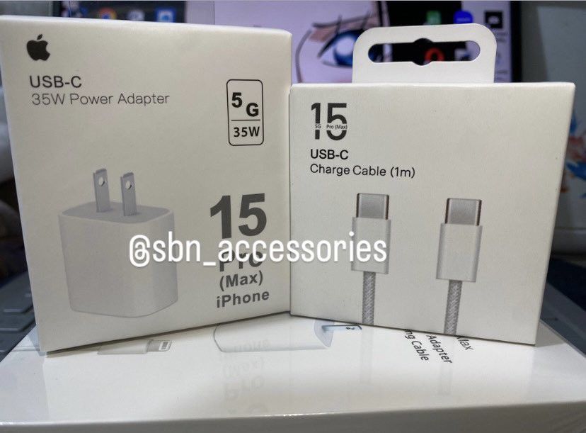 iPhone 15 Pro max charger Set (Category: Chargers & Cables) located in Manila. Submitted by sbn_finds03 (Listing ID 1271811785, Image 1). Description: iPhone 15 Pro max charger set 1miter cable TYPE C TO TYPE C 35WATTS ADAPTER.