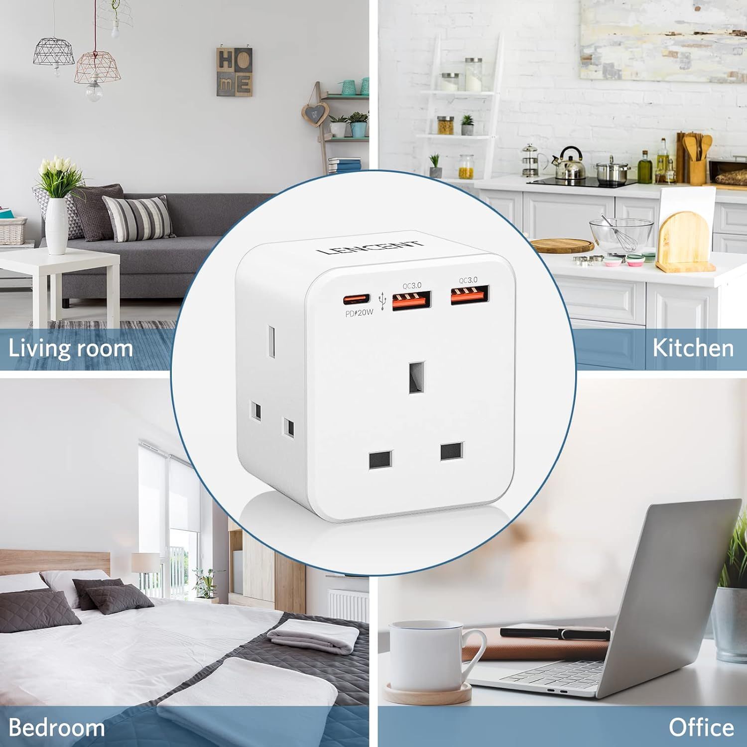 LENCENT Multi Plug Extension, 3 Way 3 Plugs Socket adapter, 6-in-1 Cube ...