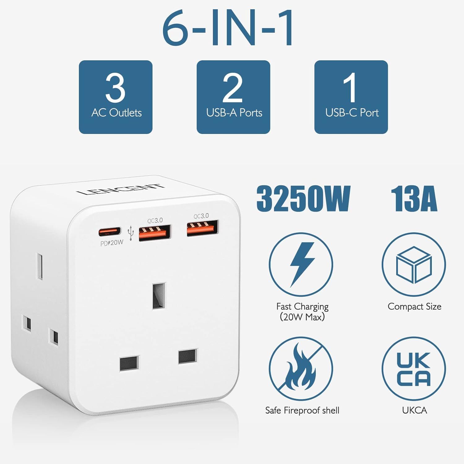 LENCENT Multi Plug Extension, 3 Way 3 Plugs Socket adapter, 6-in-1 Cube ...