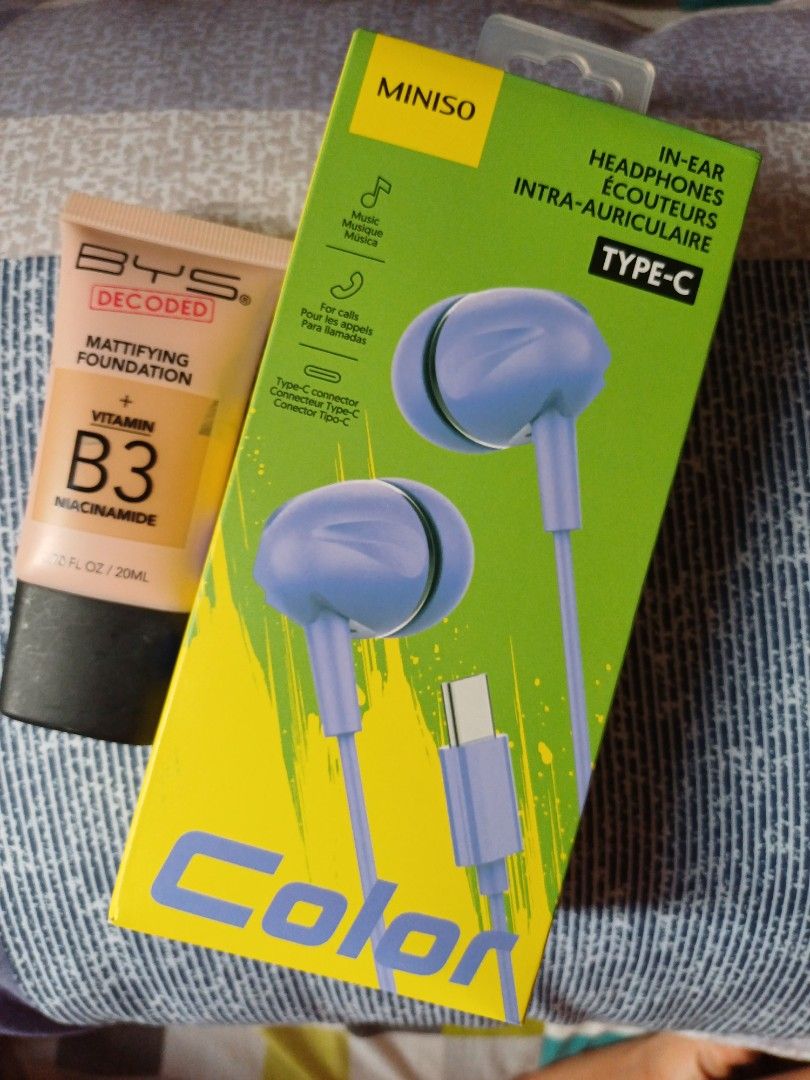 Miniso earphones type C (Category: Earphones) located in Imus. Submitted by bagginholicetc. (Listing ID 1271722103, Image 2). Description: Miniso type C earphone in Purple brand new! with free brand new BYS decoded mattifying foundation bought last week. Just opened to try on. Good working condition! Rfs-nadoble ang bili Payment via Gcash thru Erim express around Cavite sf will be shouldered by the buyer..