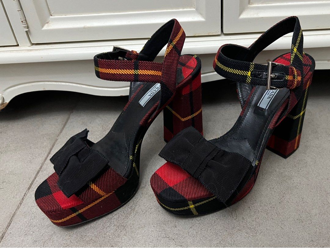 RTP 2k PRADA TARTAN CHECK PATTERN PLATFORM SANDALS 39 SHOES