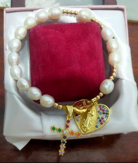 Real pearl rosary bracelet with charms -  cross and heart Mama Mary