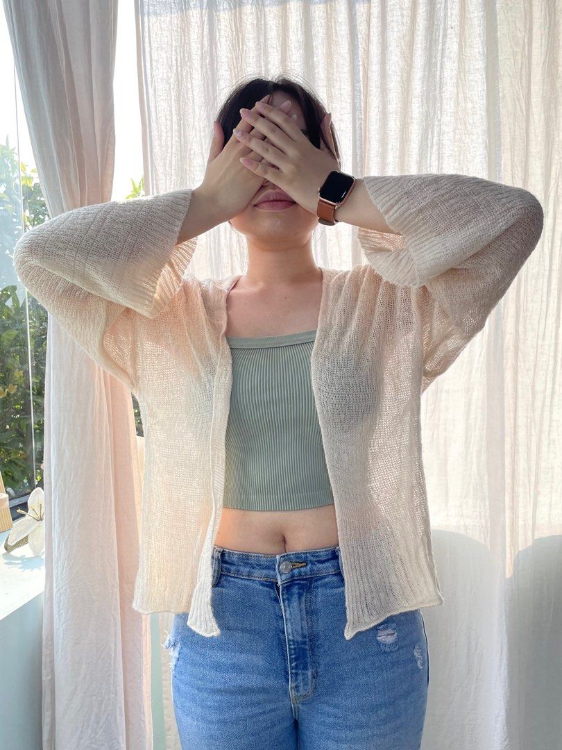 Sheer knit cardigan cream soft Fesyen Wanita Pakaian Wanita