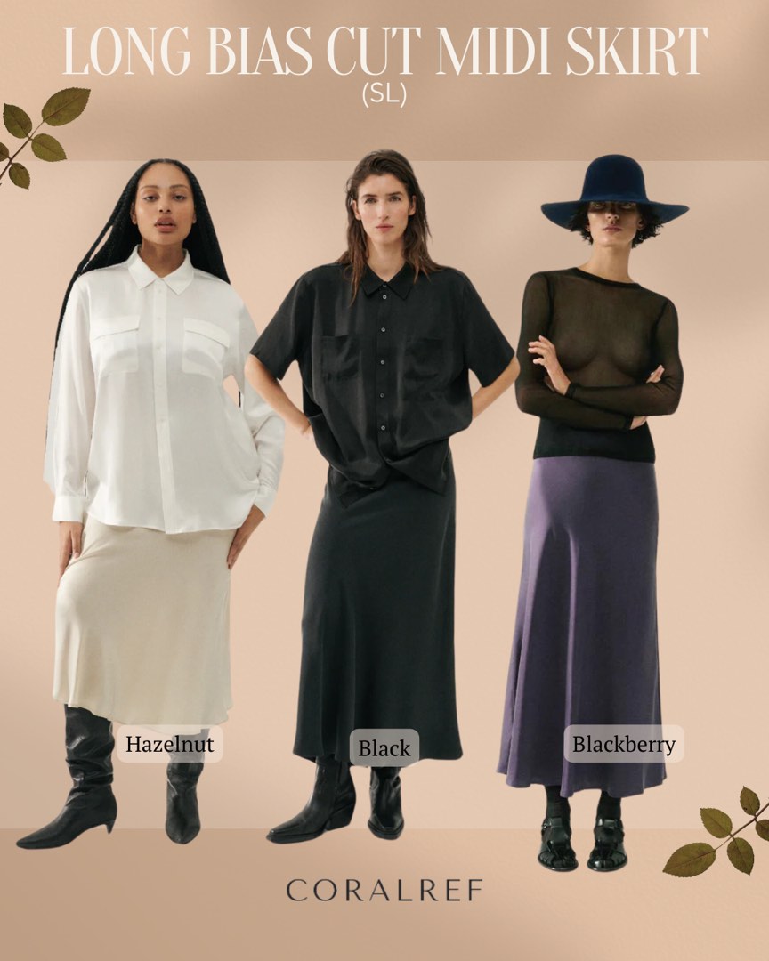 Silk Laundry Bias Cut Silk Midi Skirt in black hazelnut beige and blackberry purple Women s Fashion Bottoms Skirts on Carousell