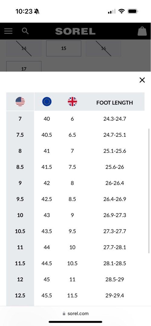 Sorel shoe size discount chart