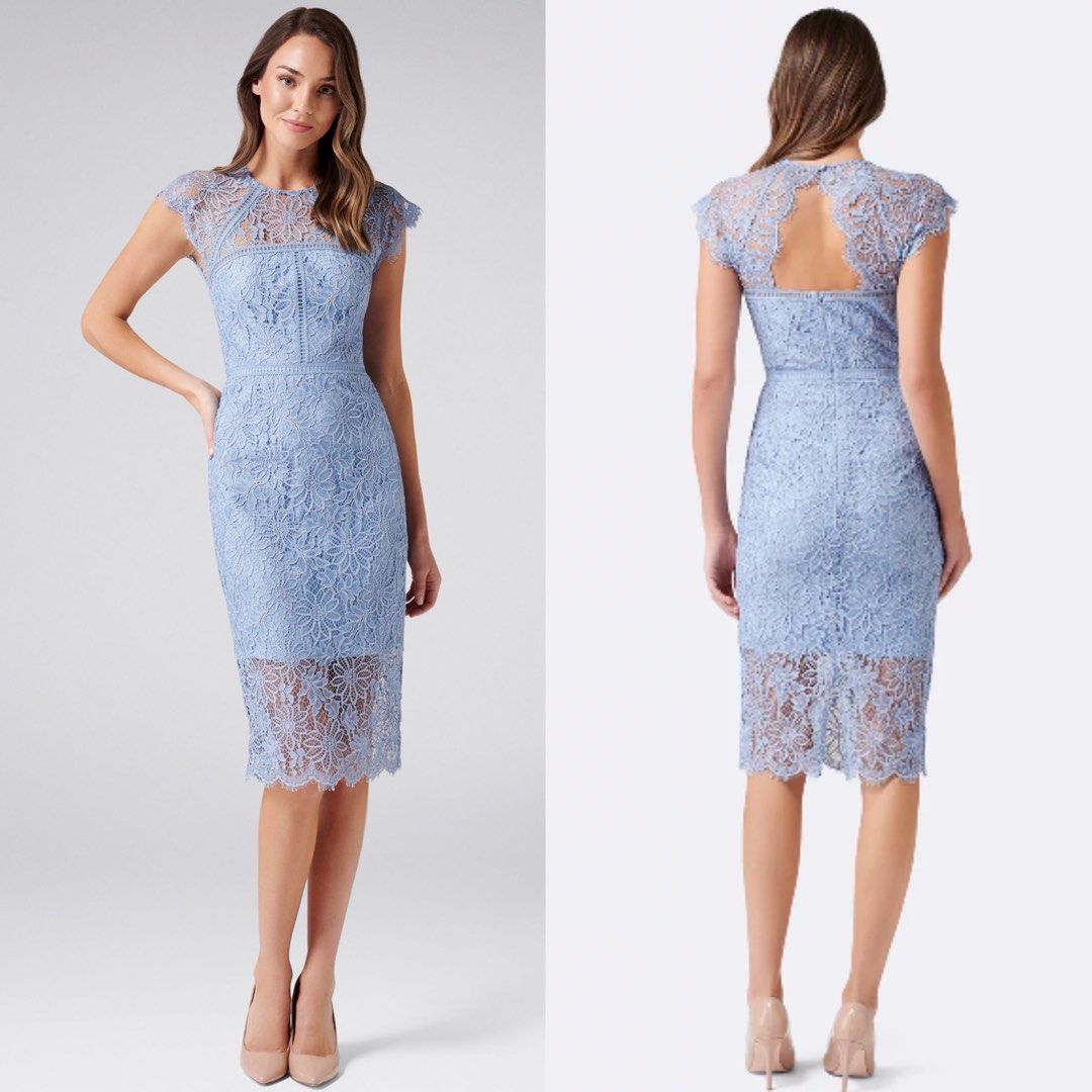 UK6 Forever New Petite Tara Lace Pencil Dress in Baby Blue
